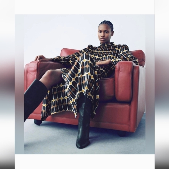 Zara FW22 printed long sleeves pleated satin midi dress size L - Picture 3 of 16